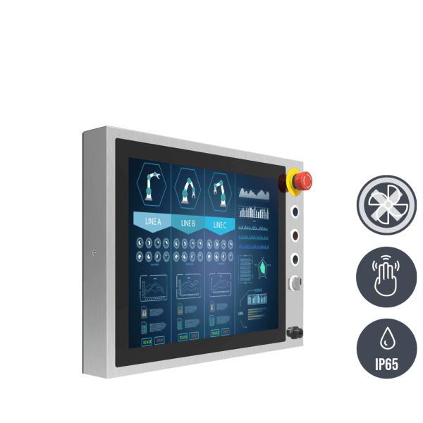 01-R15IB3S-SPC3-B-Front-left.png / TL Produkt-Welten / Panel-PC / Chassis Edelstahl (VESA-Mounting) / Multitouch-Screen, projiziert-kapazitiv (PCAP)