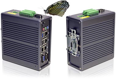 With a rear adapter, you can quickly and easily install this compact industrial box PC DR2100 on a typical industrial DIN rail.