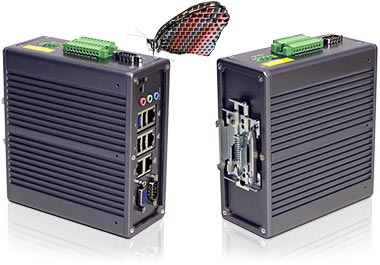 With a rear adapter, you can quickly and easily install this compact industrial box PC DR2100 on a typical industrial DIN rail.