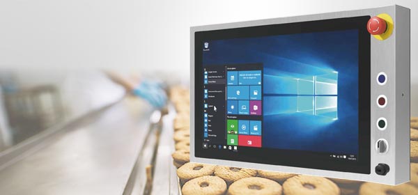 Panel PC B series made of stainless steel with integrated emergency stop and flat keys