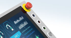 Emergency stop and flat pushbuttons integrated in the panel PC front