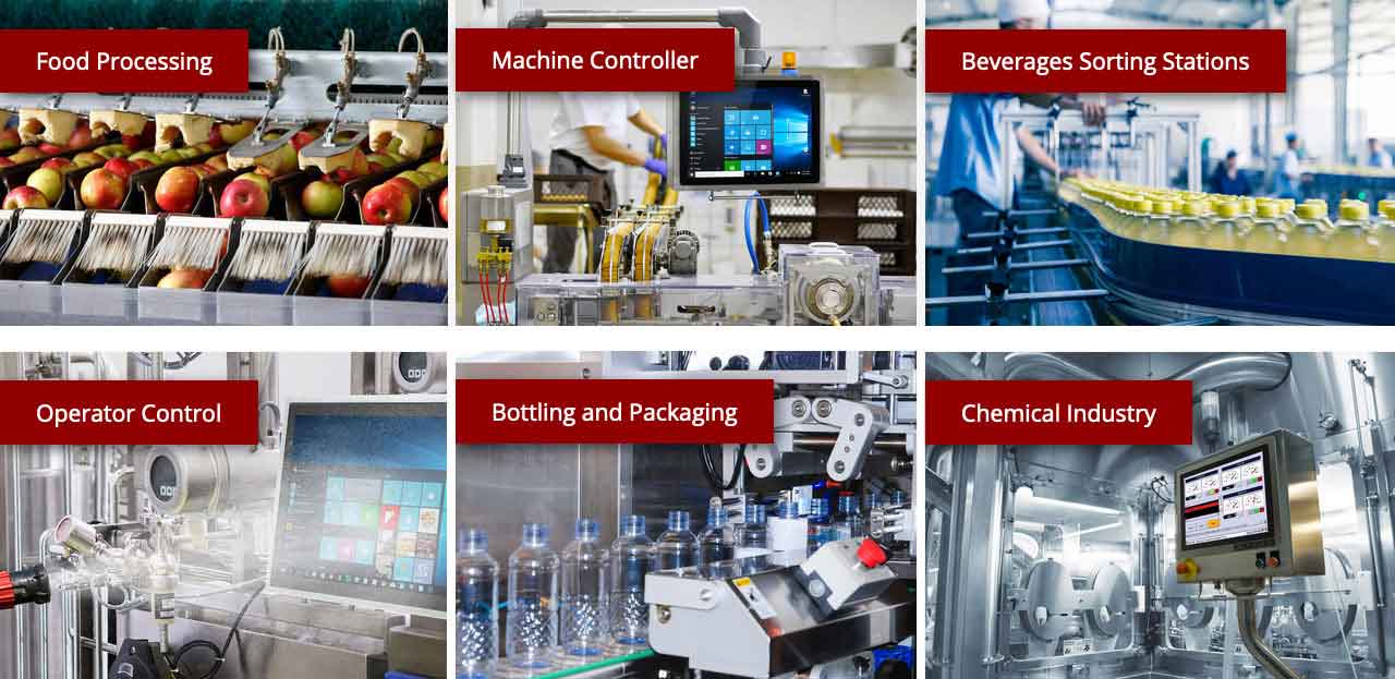 Food processing, production control, beverage sorting stations, machine control, filling and packaging, chemical industry