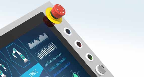 Emergency stop and flat pushbuttons integrated in the panel PC front