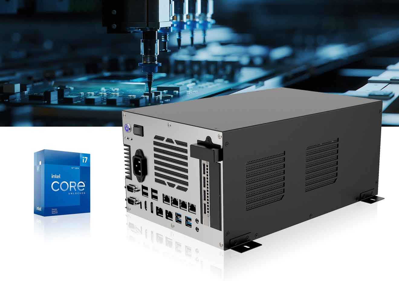 The WNAI-E800 industrial PC has a compact design and is used with Intel Core i7 for industrial edge and AI computing.