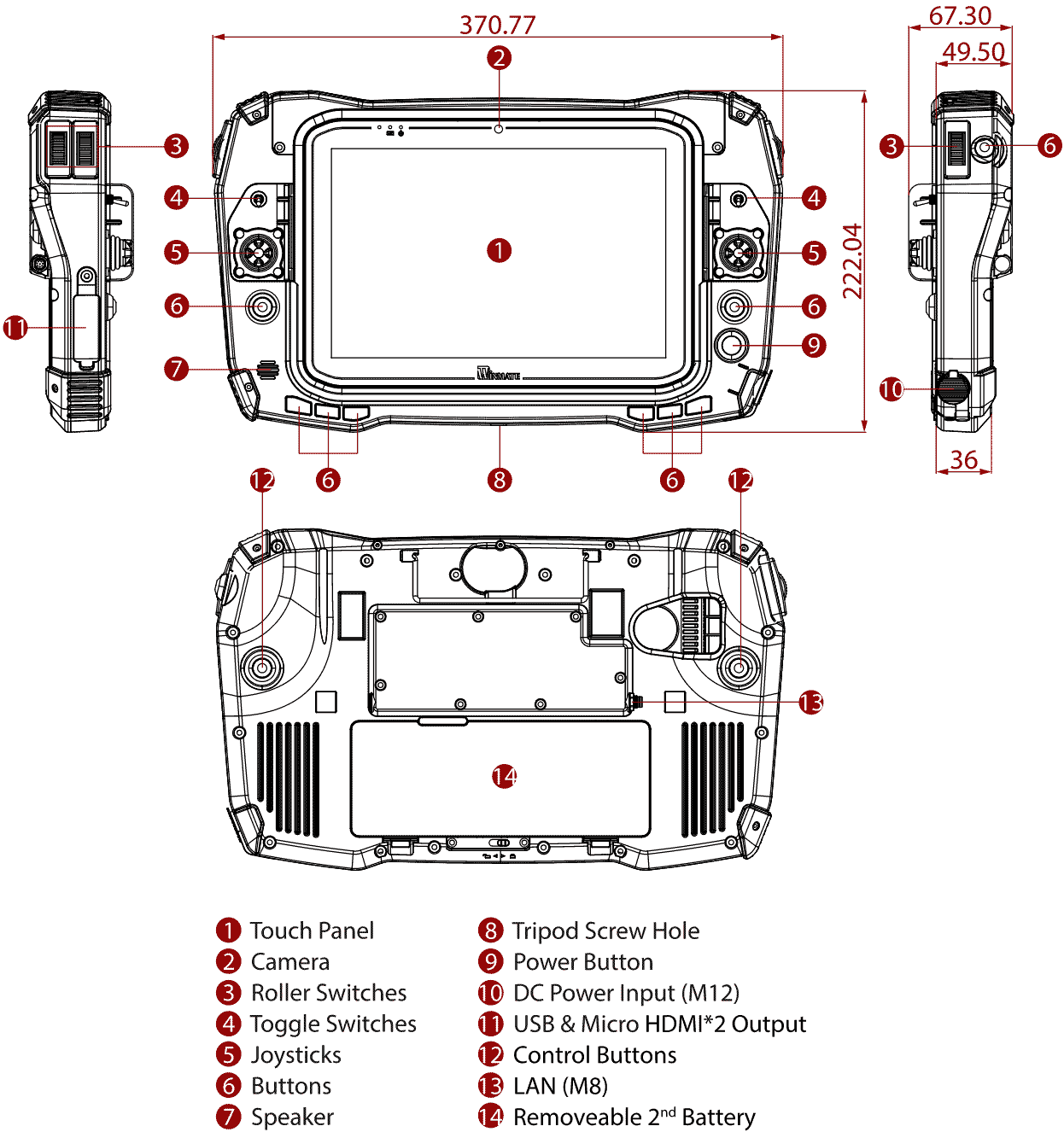 Technical drawing of the device with functional description